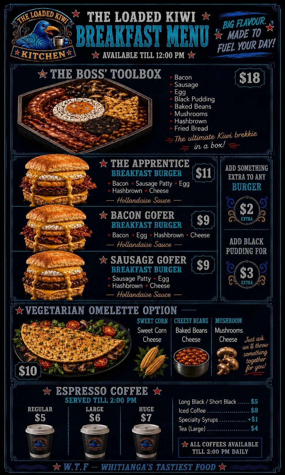 The Loaded Kiwi Breakfast Menu board