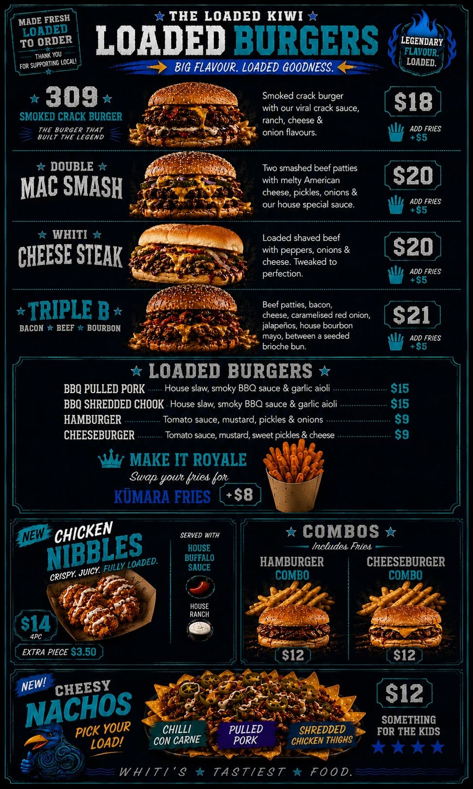The Loaded Kiwi Loaded Burgers menu board