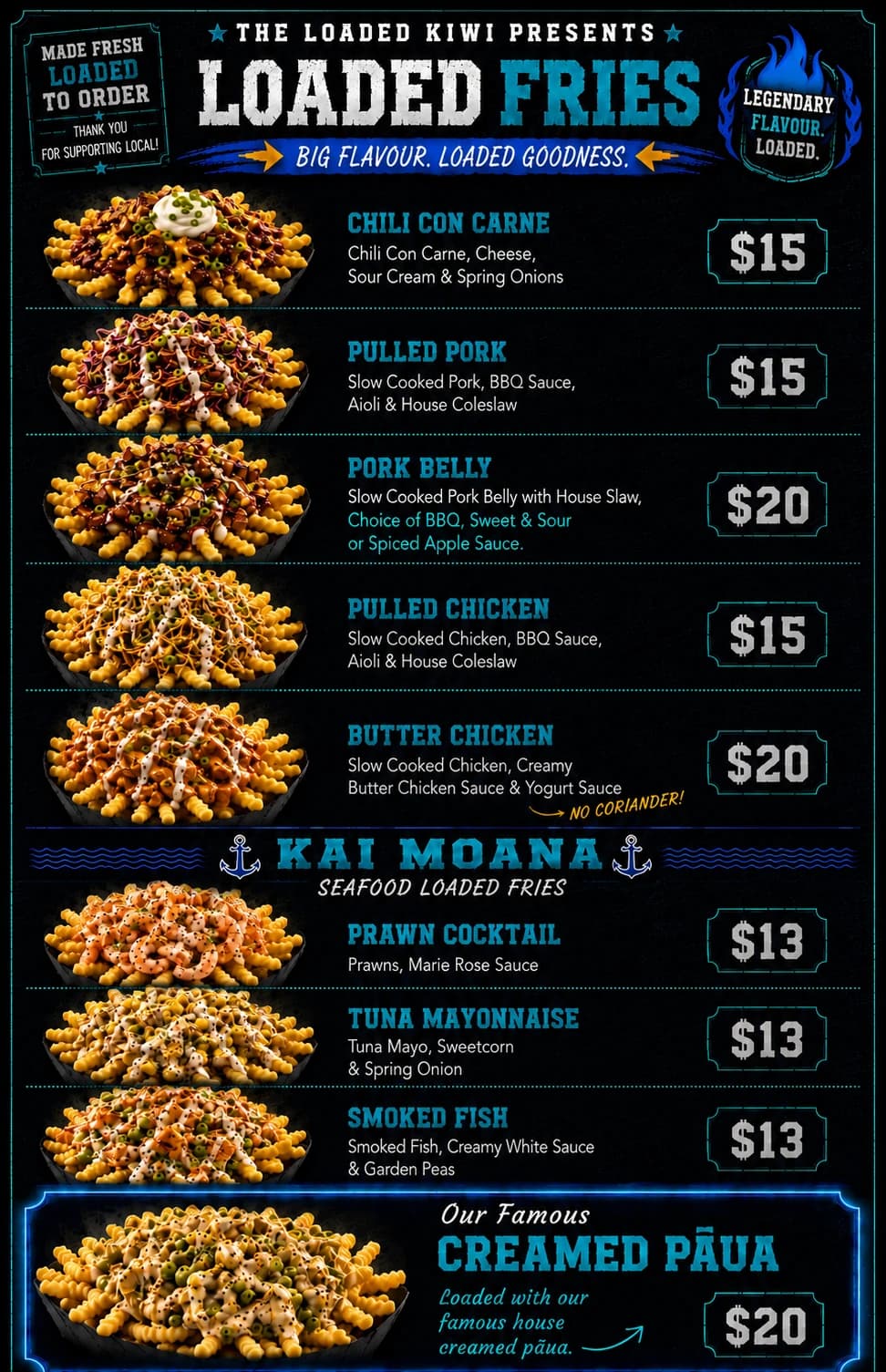 The Loaded Kiwi Loaded Fries menu board