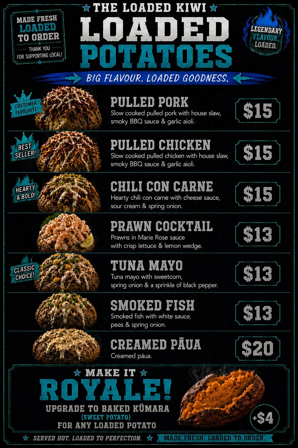 The Loaded Kiwi Loaded Potatoes menu board