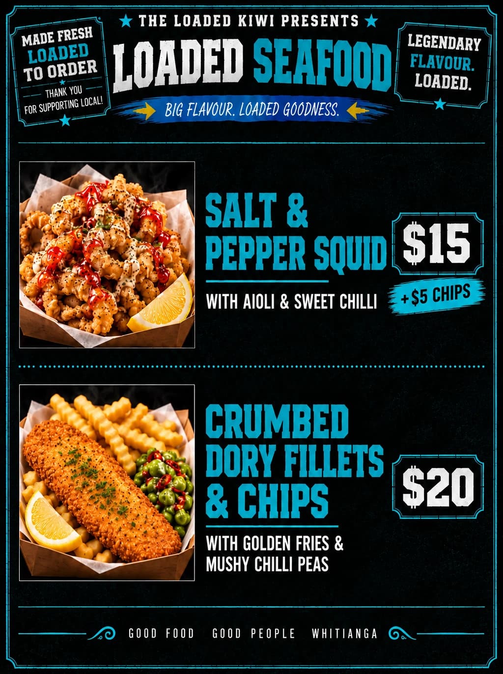 The Loaded Kiwi Loaded Seafood menu board